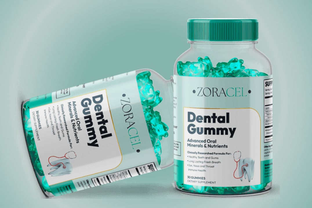 "Zoracel Dental Gummy supplement bottle with mint flavor, designed for dental health and oral hygiene, featuring a bright label and easy-to-chew gummy tablets."